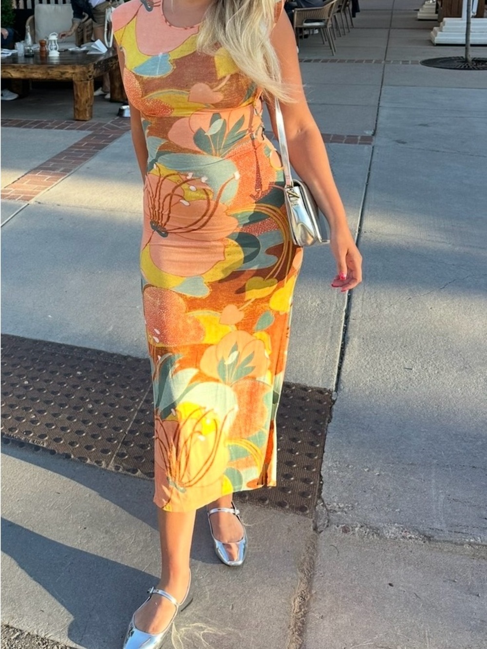 Zara Sleeveless Floral-Print Midi Dress in Orange and Teal